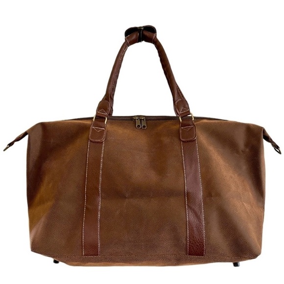 MATCHING 4 PIECE SET OF TRAVEL BAGS, NWOT. FAUX BROWN LEATHER. - Picture 2 of 15